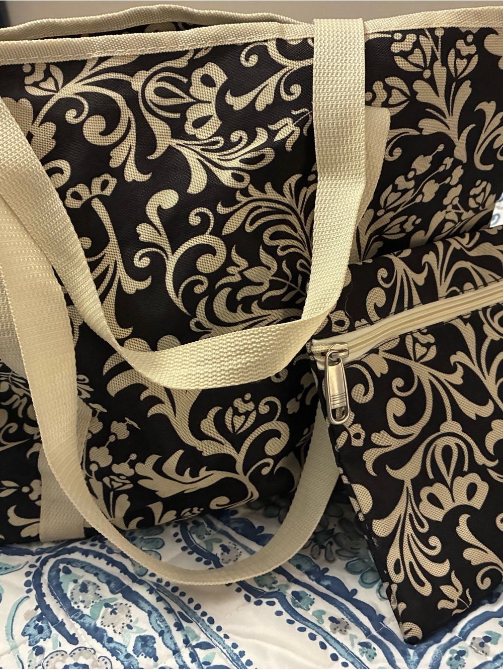 Cream & Black Floral Canvas Tote Bag with Zip Pocket